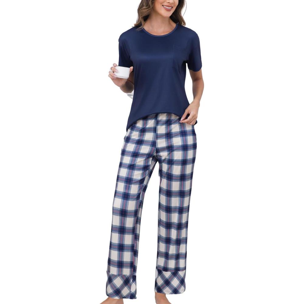 imagePNAEONG Womens Pajama Sets Comfy Pj Sets Short Sleeve Crew Neck Top and Plaid Long Pants Loungewear SleepwearRoyal Blue Plaid