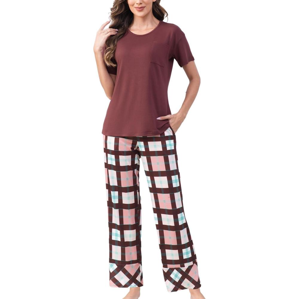 imagePNAEONG Womens Pajama Sets Comfy Pj Sets Short Sleeve Crew Neck Top and Plaid Long Pants Loungewear SleepwearRusty Red Plaid