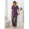 PNAEONG Womens Pajama Set Soft Comfy Short Sleeve Top and Printed Long Pants Lounge Sleepwear Pajamas with Pockets(Purple Galsang)