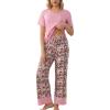 PNAEONG Womens Pajama Set Soft Comfy Short Sleeve Top and Printed Long Pants Lounge Sleepwear Pajamas with Pockets(Pink Poppy)