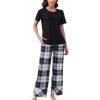 PNAEONG Womens Pajama Sets Comfy Pj Sets Short Sleeve Crew Neck Top and Plaid Long Pants Loungewear Sleepwear(Black Plaid)