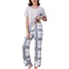 PNAEONG Womens Pajama Sets Comfy Pj Sets Short Sleeve Crew Neck Top and Plaid Long Pants Loungewear Sleepwear(Gray Plaid)