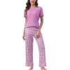 PNAEONG Womens Pajama Sets Comfy Pj Sets Short Sleeve Crew Neck Top and Plaid Long Pants Loungewear Sleepwear(Pink Plaid)