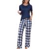 PNAEONG Womens Pajama Sets Comfy Pj Sets Short Sleeve Crew Neck Top and Plaid Long Pants Loungewear Sleepwear(Royal Blue Plaid)