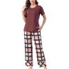 PNAEONG Womens Pajama Sets Comfy Pj Sets Short Sleeve Crew Neck Top and Plaid Long Pants Loungewear Sleepwear(Rusty Red Plaid)