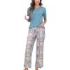 PNAEONG Womens Pajama Sets Comfy Pj Sets Short Sleeve Crew Neck Top and Plaid Long Pants Loungewear Sleepwear(Teal Plaid)