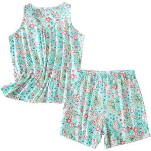 PNAEONG Women Cotton Sleepwear Short Sets Tank&Short Pajamas Sets XTSY208(Green Flower)