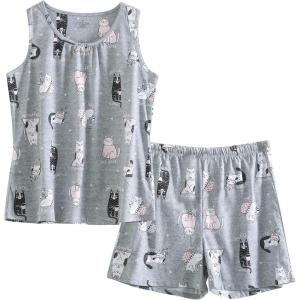 PNAEONG Women Cotton Sleepwear Short Sets Tank&Short Pajamas Sets XTSY208(Sleep Cats)