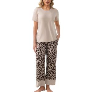 PNAEONG Womens Pajama Set Soft Comfy Short Sleeve Top and Printed Long Pants Lounge Sleepwear Pajamas with Pockets(Beige Leopard)