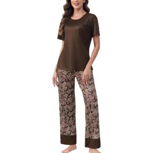 PNAEONG Womens Pajama Set Soft Comfy Short Sleeve Top and Printed Long Pants Lounge Sleepwear Pajamas with Pockets(Brown Paisley)