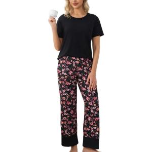 PNAEONG Womens Pajama Set Soft Comfy Short Sleeve Top and Printed Long Pants Lounge Sleepwear Pajamas with Pockets(Red Azalea)