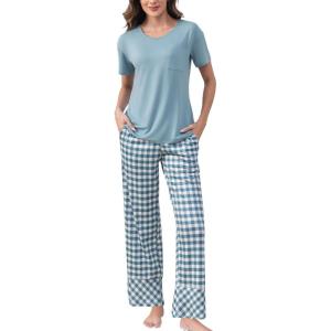 PNAEONG Womens Pajama Sets Comfy Pj Sets Short Sleeve Crew Neck Top and Plaid Long Pants Loungewear Sleepwear(Cyan Plaid)