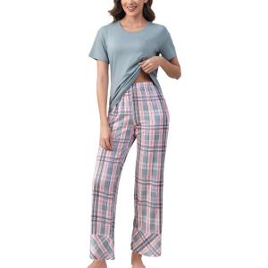PNAEONG Womens Pajama Sets Comfy Pj Sets Short Sleeve Crew Neck Top and Plaid Long Pants Loungewear Sleepwear(Pale Green Plaid)
