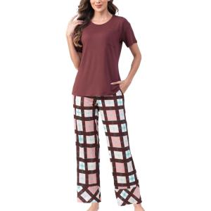 PNAEONG Womens Pajama Sets Comfy Pj Sets Short Sleeve Crew Neck Top and Plaid Long Pants Loungewear Sleepwear(Rusty Red Plaid)