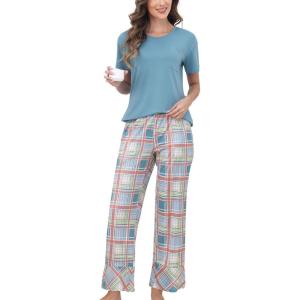 PNAEONG Womens Pajama Sets Comfy Pj Sets Short Sleeve Crew Neck Top and Plaid Long Pants Loungewear Sleepwear(Teal Plaid)