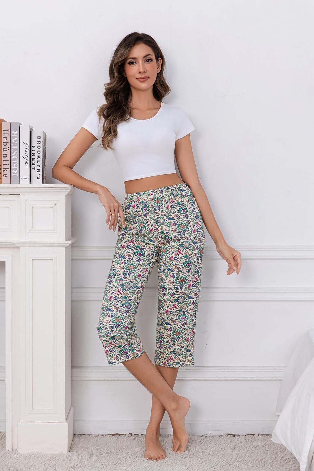 imagePNAEONG Womens Capri Pajama Pants Lounge Causal Bottoms Fun Print Sleep PantsGreen Vintage Flower