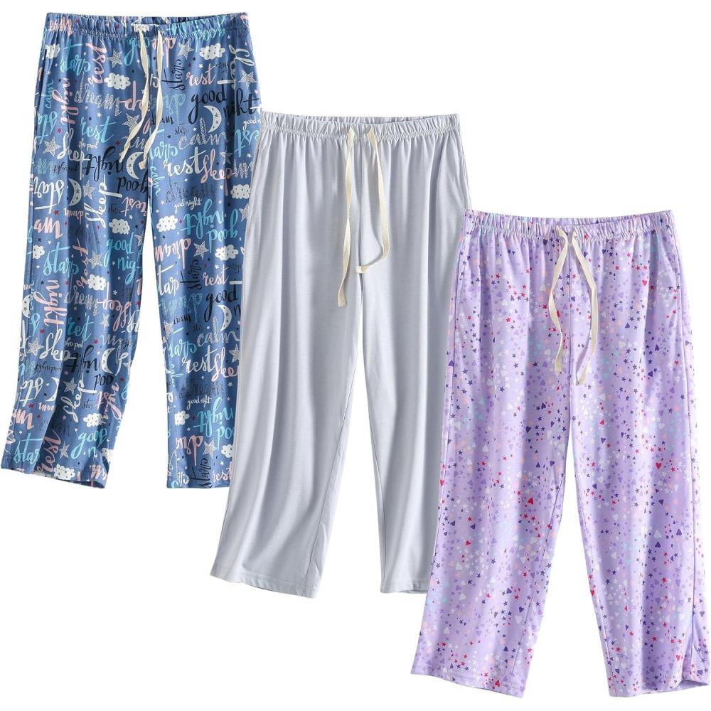 imagePNAEONG 3 Pack Women Pajama Pants Capri Length Drawstring Pj Bottoms Sleep Lounge Pants with Pockets S3XLSet5