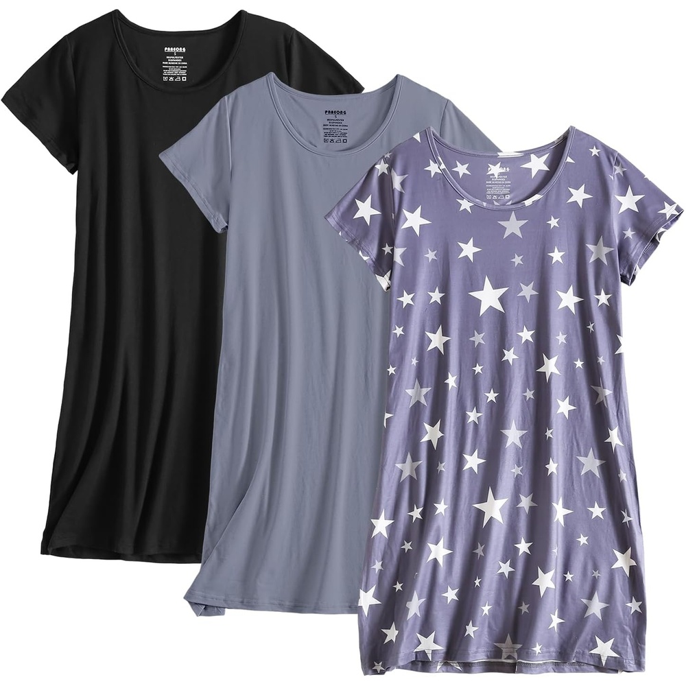 imagePNAEONG 3 Pack Nightgowns for Women Short Sleeve Nightshirt Casual Sleepshirt Soft Sleepwear Flora print Pajamas DressG Starc Blackc Bluegray
