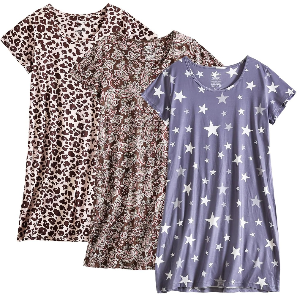 imagePNAEONG 3 Pack Nightgowns for Women Short Sleeve Nightshirt Casual Sleepshirt Soft Sleepwear Flora print Pajamas DressG Starleopardbrown Paisley