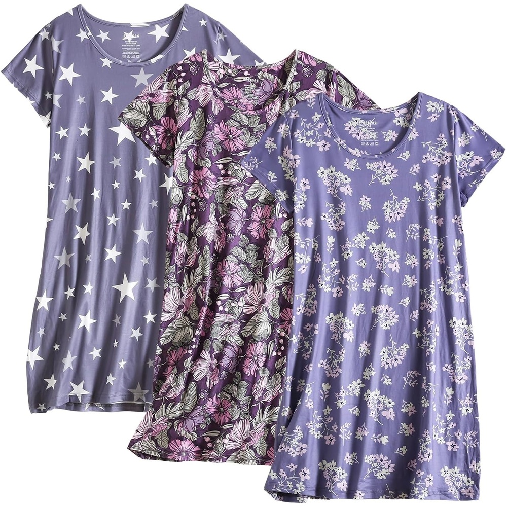imagePNAEONG 3 Pack Nightgowns for Women Short Sleeve Nightshirt Casual Sleepshirt Soft Sleepwear Flora print Pajamas DressG Starlilacgalsang