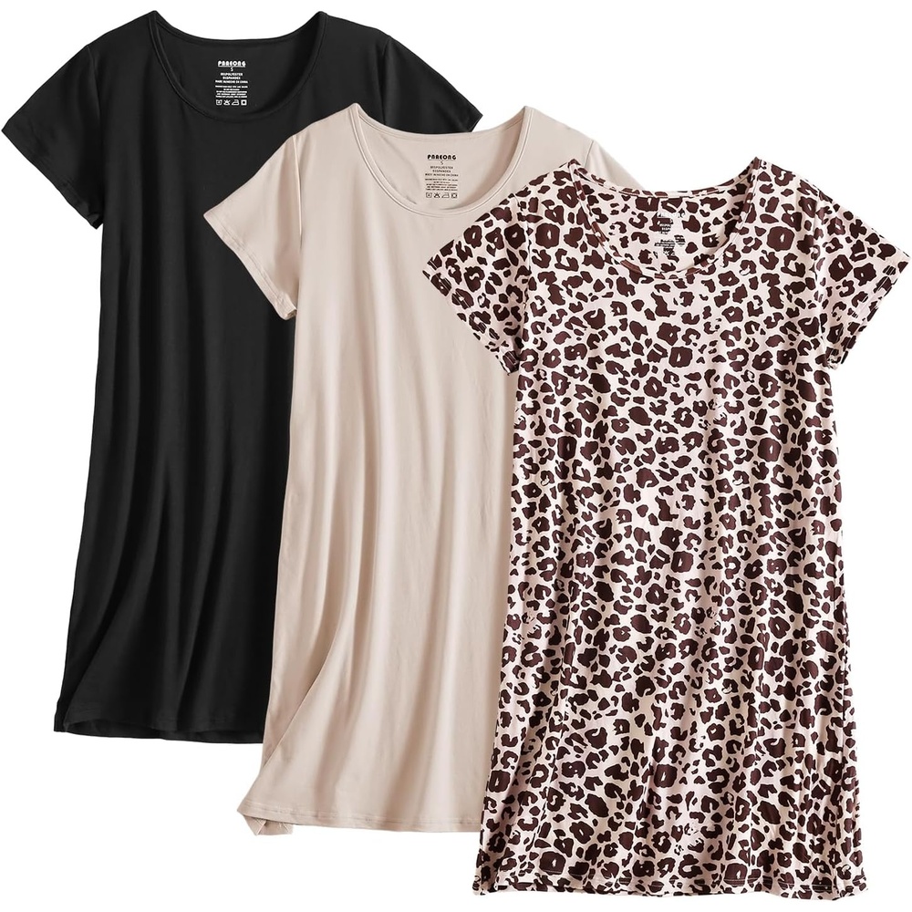 imagePNAEONG 3 Pack Nightgowns for Women Short Sleeve Nightshirt Casual Sleepshirt Soft Sleepwear Flora print Pajamas DressLeopardc Beigec Black