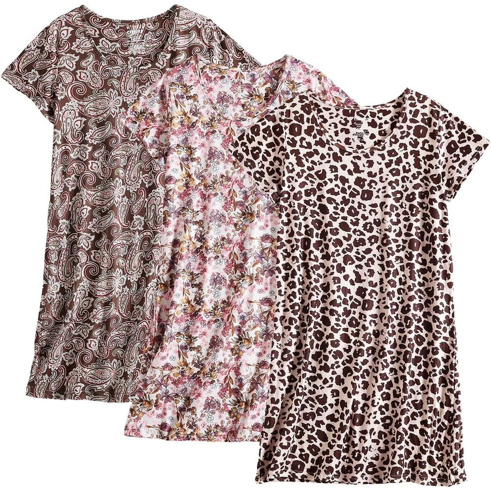 imagePNAEONG 3 Pack Nightgowns for Women Short Sleeve Nightshirt Casual Sleepshirt Soft Sleepwear Flora print Pajamas DressLeopardpoppybrown Paisley