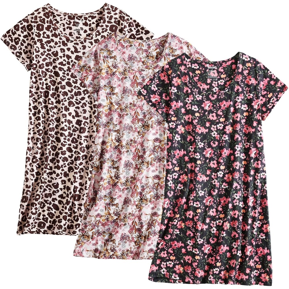 imagePNAEONG 3 Pack Nightgowns for Women Short Sleeve Nightshirt Casual Sleepshirt Soft Sleepwear Flora print Pajamas DressLeopardpoppyred Azalea