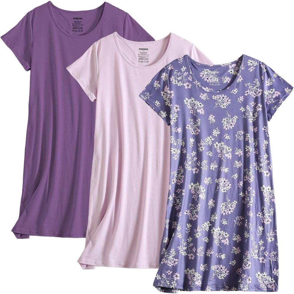 imagePNAEONG 3 Pack Nightgowns for Women Short Sleeve Nightshirt Casual Sleepshirt Soft Sleepwear Flora print Pajamas DressLilacc Lilacc Dark Purple