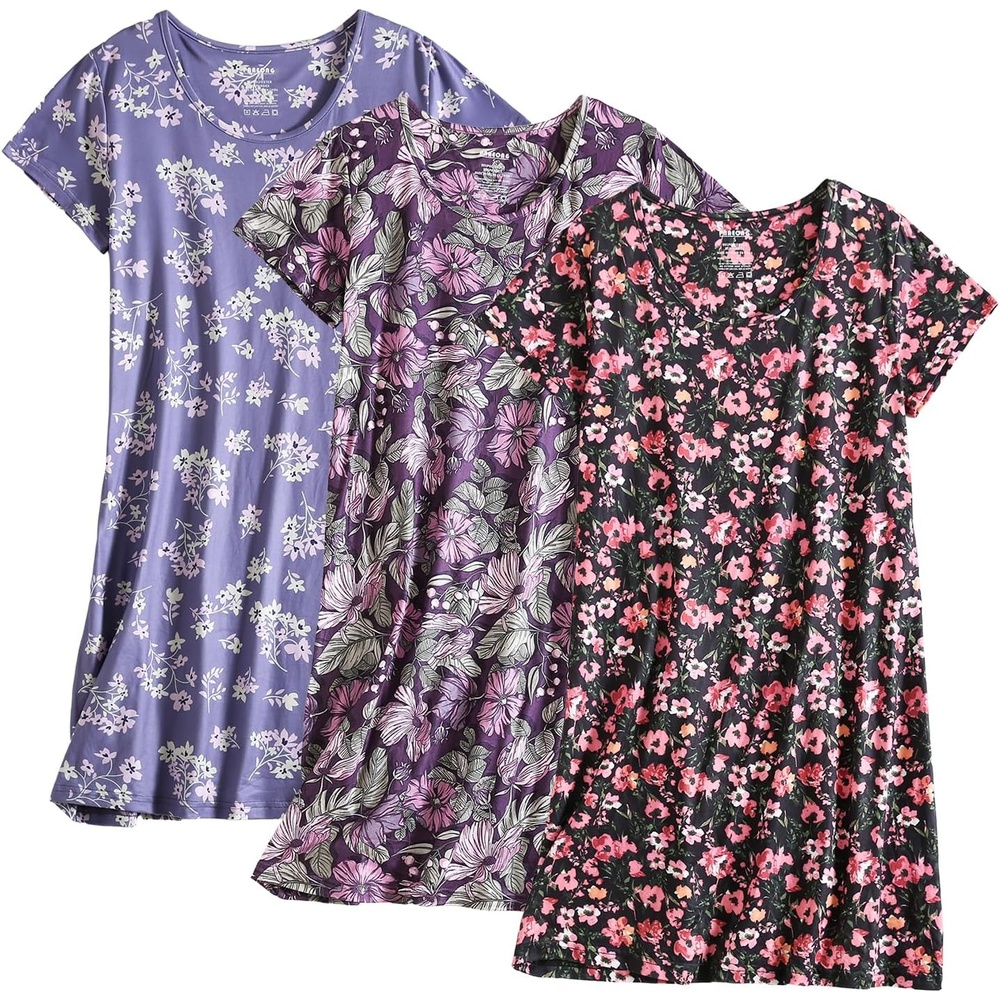 imagePNAEONG 3 Pack Nightgowns for Women Short Sleeve Nightshirt Casual Sleepshirt Soft Sleepwear Flora print Pajamas DressLilacgalsangred Azalea