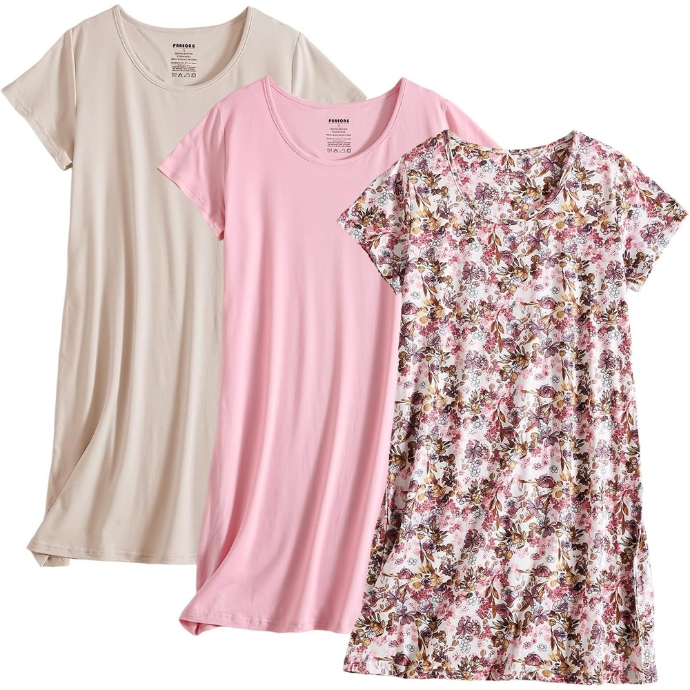 imagePNAEONG 3 Pack Nightgowns for Women Short Sleeve Nightshirt Casual Sleepshirt Soft Sleepwear Flora print Pajamas DressPoppyc Coralc Beige