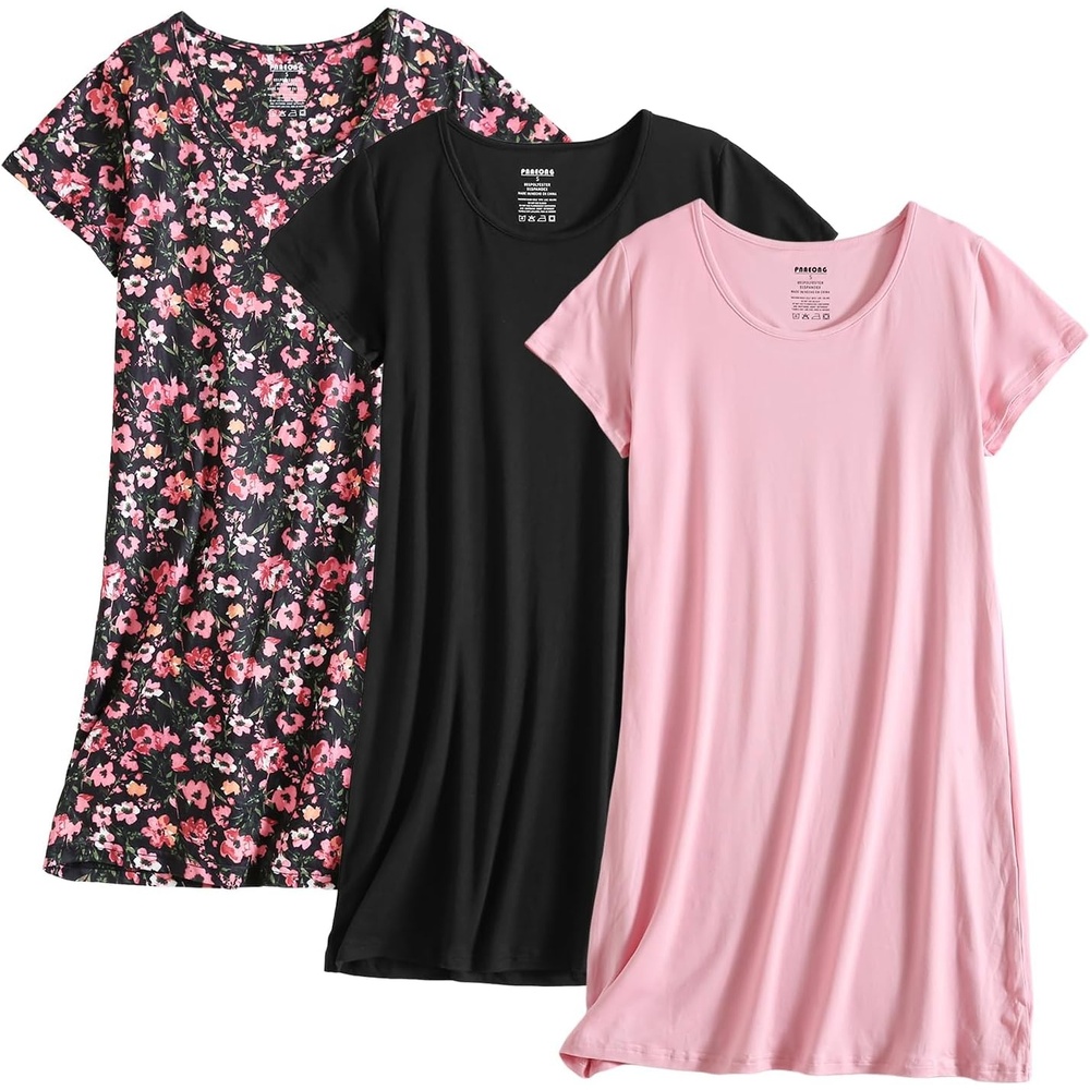 imagePNAEONG 3 Pack Nightgowns for Women Short Sleeve Nightshirt Casual Sleepshirt Soft Sleepwear Flora print Pajamas DressRed Azaleac Blackc Coral