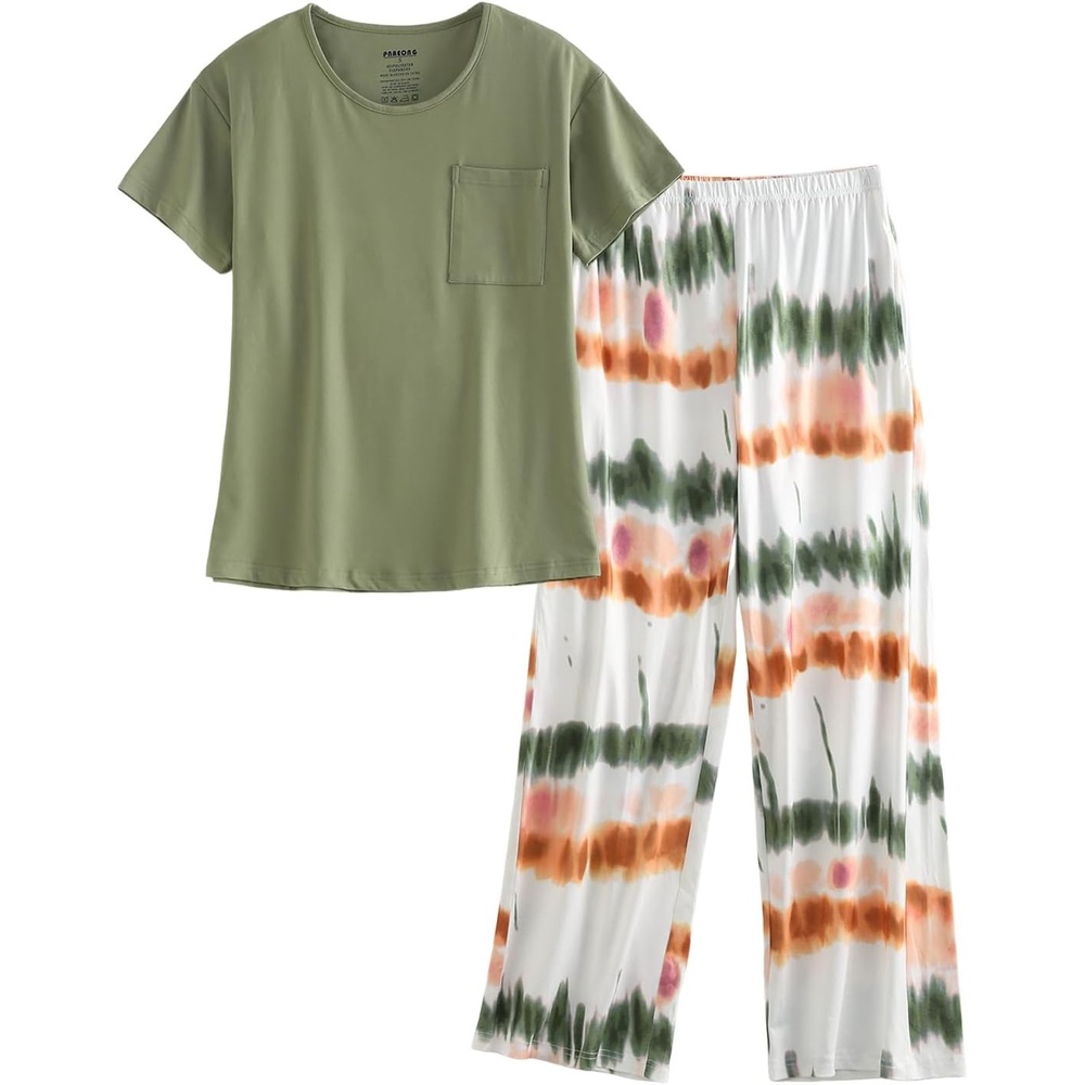 imagePNAEONG Womens Pajama Set Soft Comfy Short Sleeve Top and Printed Long Pants Lounge Sleepwear Pajamas with PocketsGreen Tie Dye