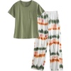 PNAEONG Womens Pajama Set Soft Comfy Short Sleeve Top and Printed Long Pants Lounge Sleepwear Pajamas with Pockets(Green Tie Dye)
