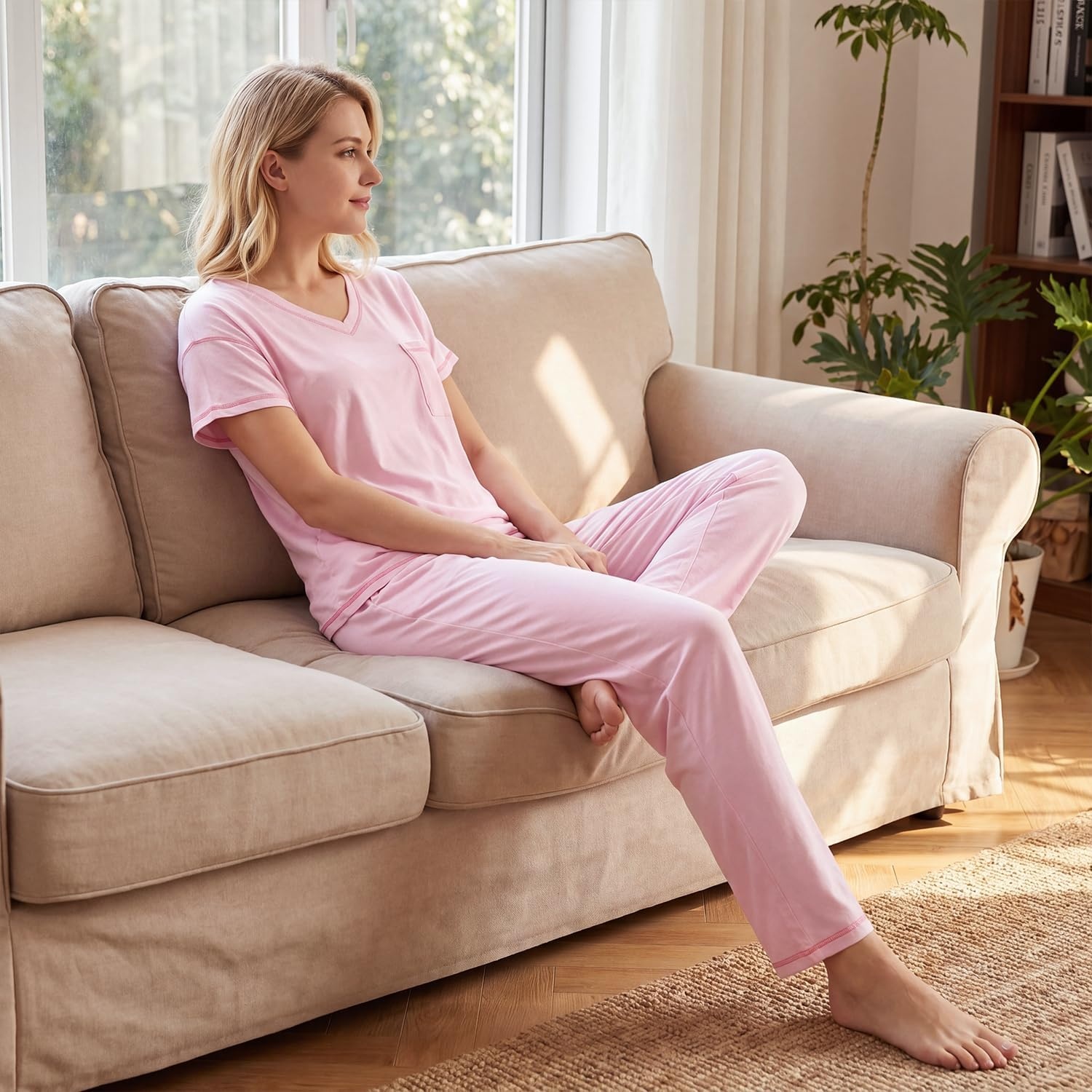 image:imagePNAEONG Womens Pajama Sets Cotton Lounge Sets for Women Short Sleeve Top With Pants 2 Piece pj sets With PocketC Mx Pink