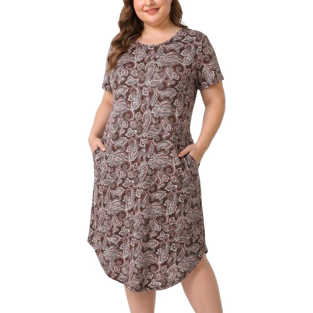 image:imagePNAEONG Plus Size Nightgowns for Women Short Sleeve House Dress Loose Fit Sleepwear with Pockets M3XLBrown Paisley