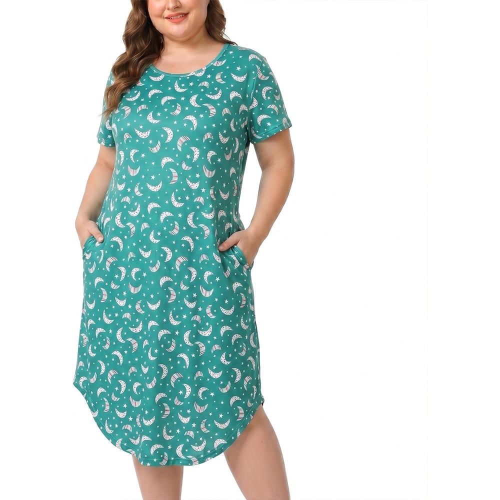 image:imagePNAEONG Plus Size Nightgowns for Women Short Sleeve House Dress Loose Fit Sleepwear with Pockets M3XLGreen Moon