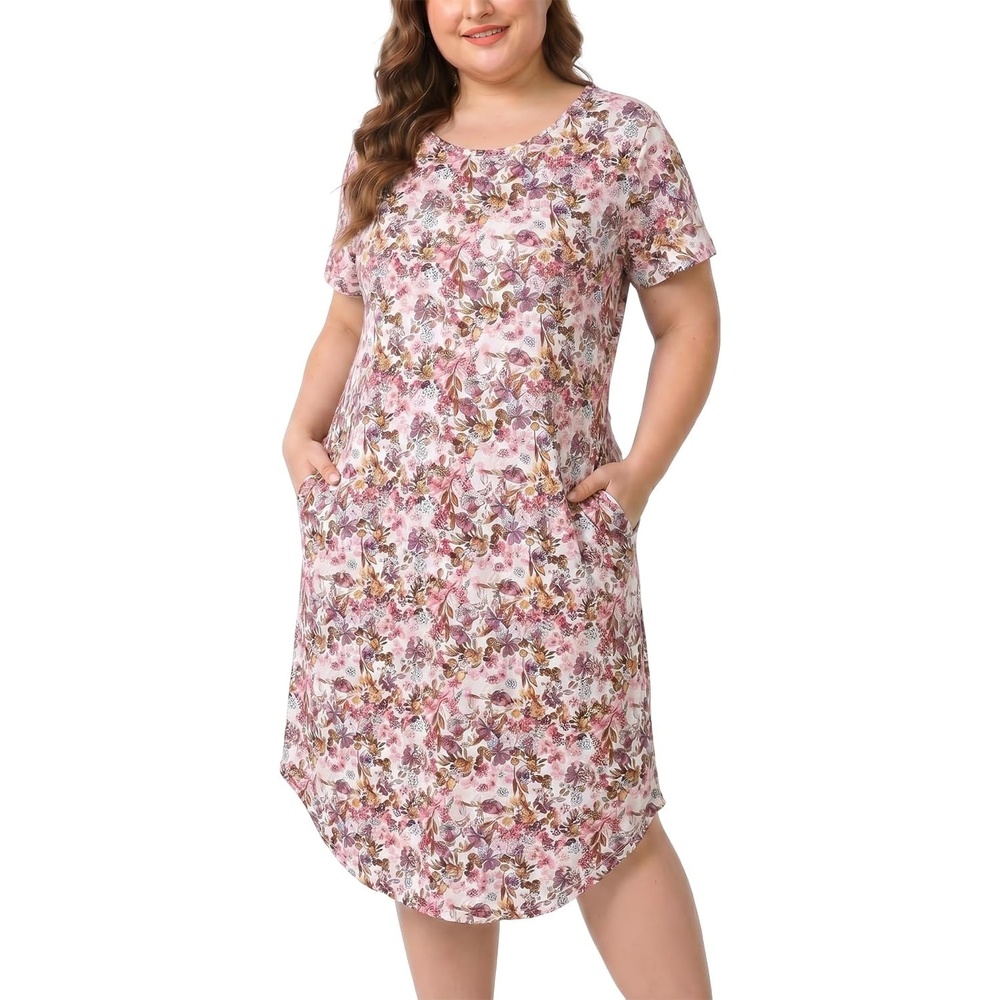 image:imagePNAEONG Plus Size Nightgowns for Women Short Sleeve House Dress Loose Fit Sleepwear with Pockets M3XLPink Poppy