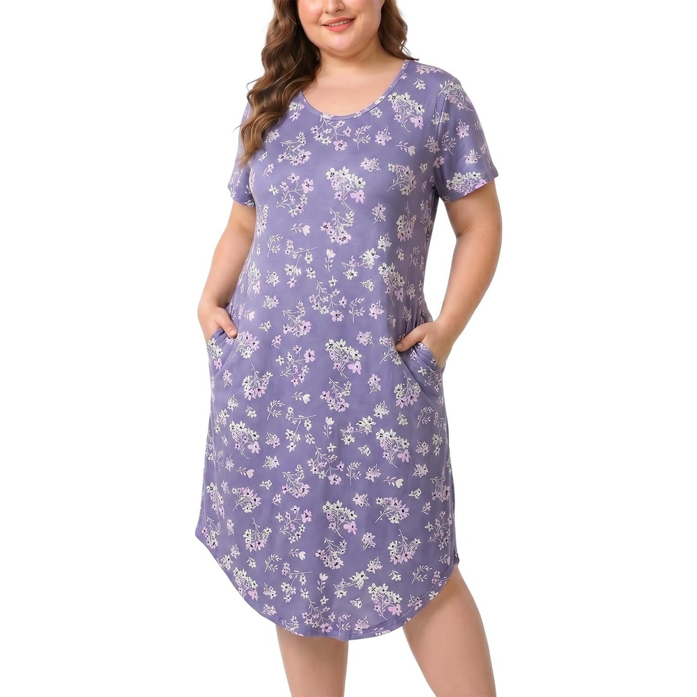 image:imagePNAEONG Plus Size Nightgowns for Women Short Sleeve House Dress Loose Fit Sleepwear with Pockets M3XLPurple Lilac