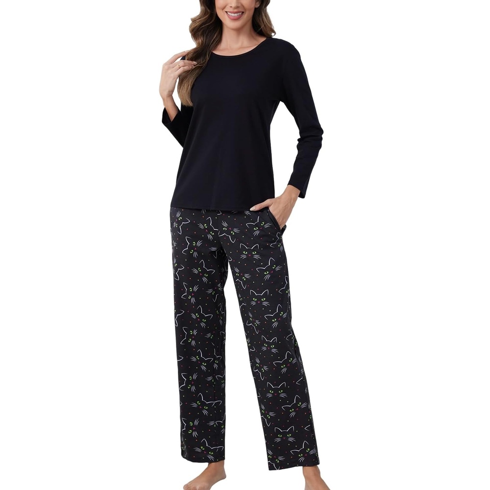image:imagePNAEONG Womens Cotton LongSleeve Tops and FullLength Pajama Set TwoPiece Pjs with Pockets SY008Black Cats