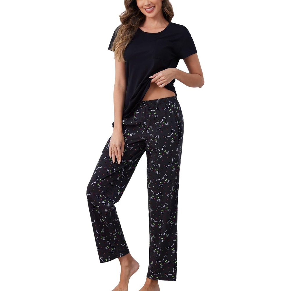 image:imagePNAEONG Womens Pajama Sets Cotton Lounge Sets for Women Short Sleeve Top With Pants 2 Piece pj sets With PocketC Black Cats