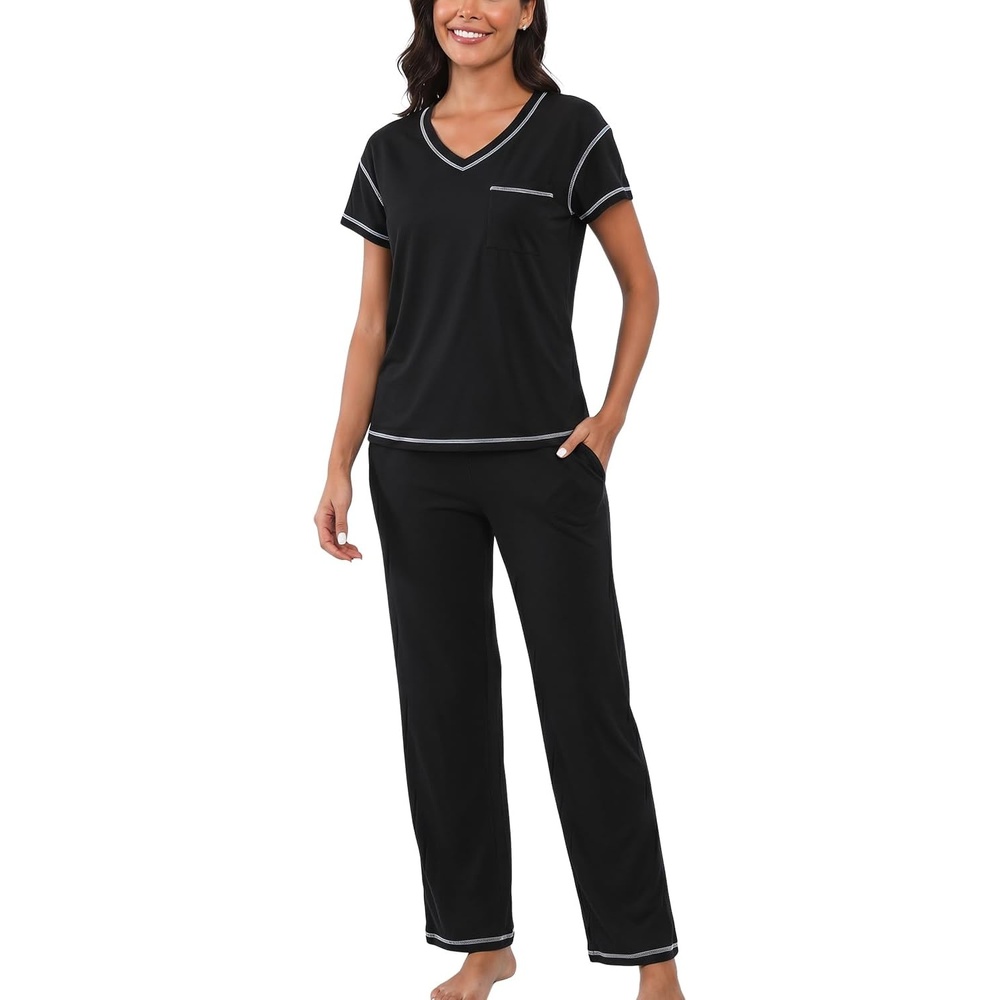 image:imagePNAEONG Womens Pajama Sets Cotton Lounge Sets for Women Short Sleeve Top With Pants 2 Piece pj sets With PocketC Mx Black