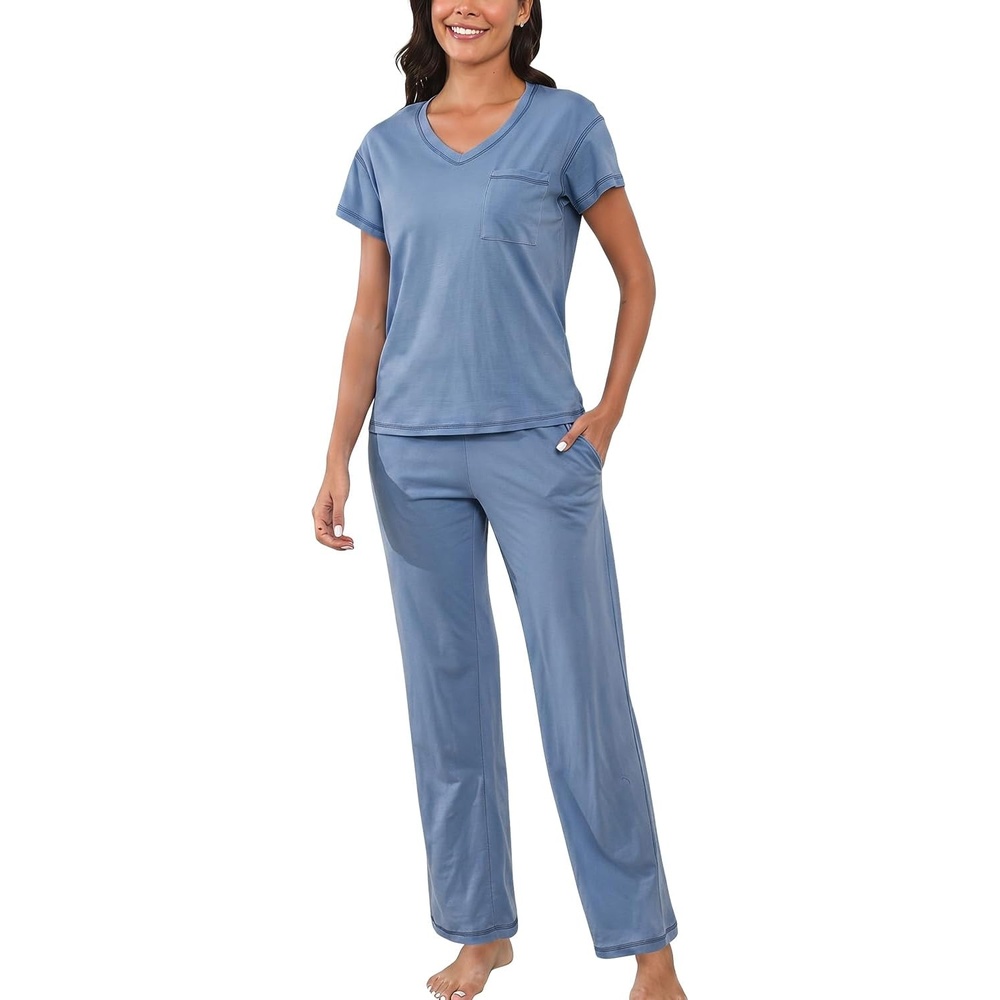 image:imagePNAEONG Womens Pajama Sets Cotton Lounge Sets for Women Short Sleeve Top With Pants 2 Piece pj sets With PocketC Mx Good Night