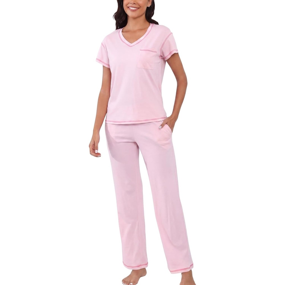 image:imagePNAEONG Womens Pajama Sets Cotton Lounge Sets for Women Short Sleeve Top With Pants 2 Piece pj sets With PocketC Mx Pink
