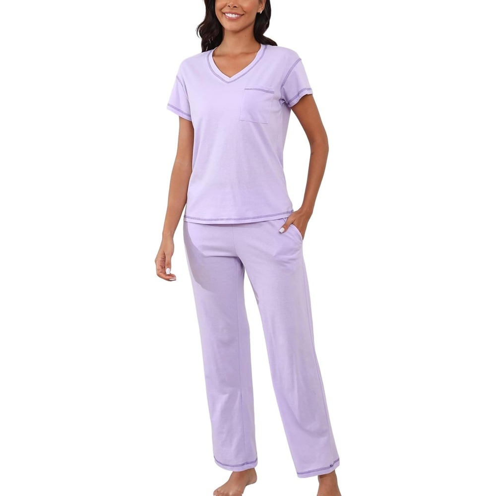 image:imagePNAEONG Womens Pajama Sets Cotton Lounge Sets for Women Short Sleeve Top With Pants 2 Piece pj sets With PocketC Mx Purple