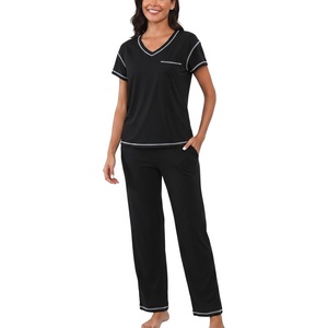 PNAEONG Womens Pajama Sets Cotton Lounge Sets for Women Short Sleeve Top With Pants 2 Piece pj sets With Pocket(C Mx Black)